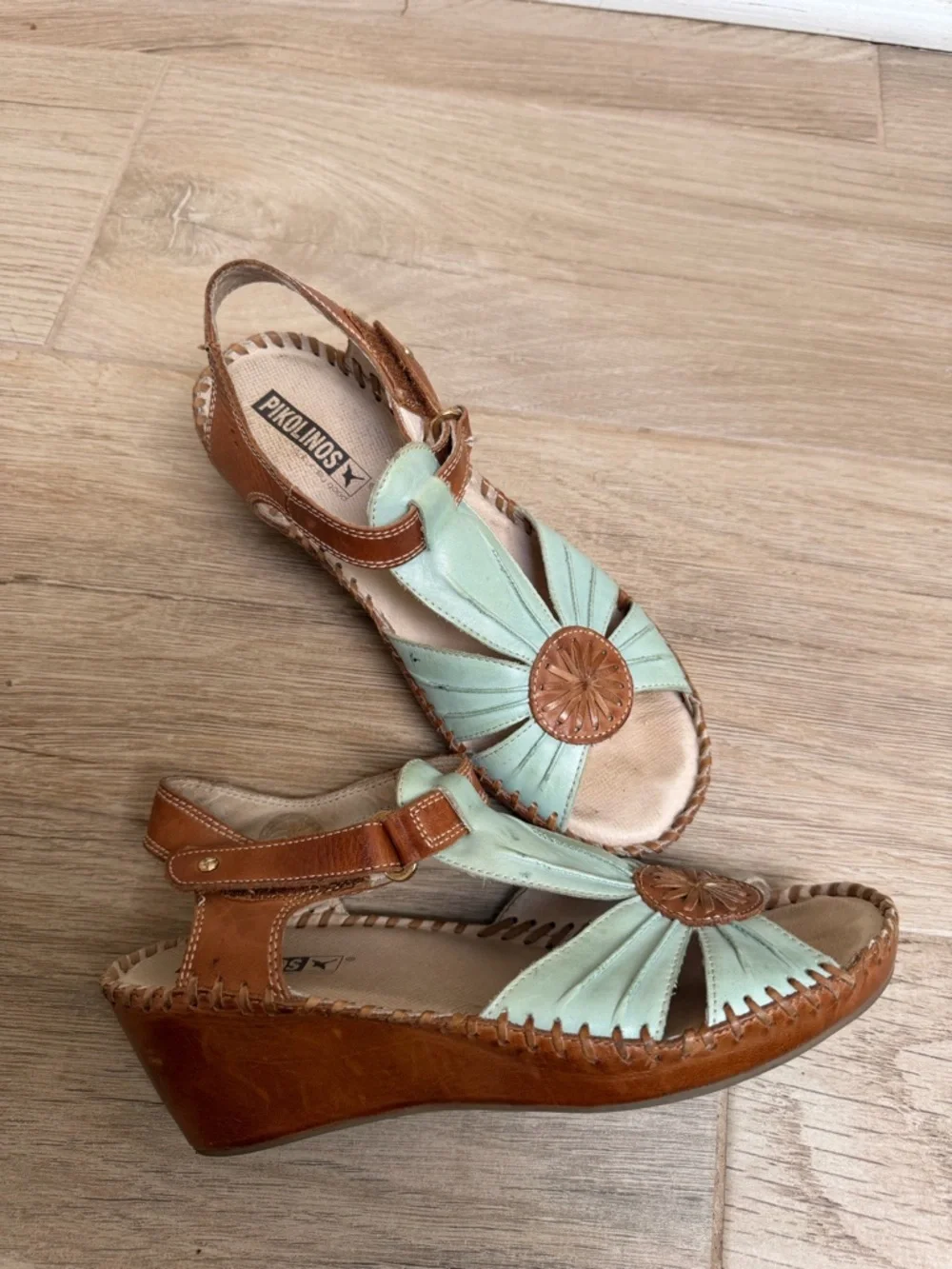 PIKOLINOS Mint and Tan Leather Wedge Sandals